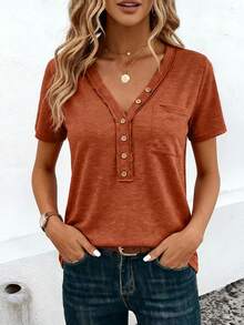 EMERY ROSE Women's Casual Basic V-Neck Short Sleeve T-Shirt, Summer - Orange - View 3