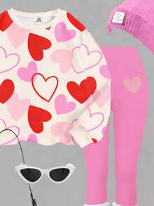 少女爱心图案休闲舒适柔软宽松圆领长袖卫衣和打底裤套装，适合秋冬季日常穿着 - 彩色 - 查看 7