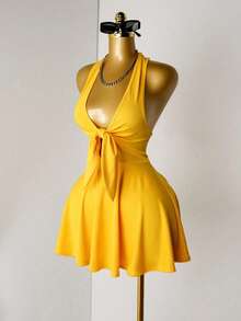 Mistrie Women's Sexy Backless Halter Solid Color Summer Dress - Yellow - View 5