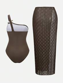 Swim Oasis Women's Elegant One-Piece Swimsuit With Metal Buckle, Brown Textured Fabric, Green Buttons, Suitable For Beach, Resort, Party - Brown - View 8