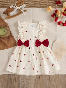 Souflis Souflis 1 pieza Vestido casual de niña pequeña con cuello redondo, sin mangas, con botones, estampado de frutas y volantes en el bajo, color albaricoque, adecuado para salidas de verano, viajes y fotografía - Albaricoque - Ver 2