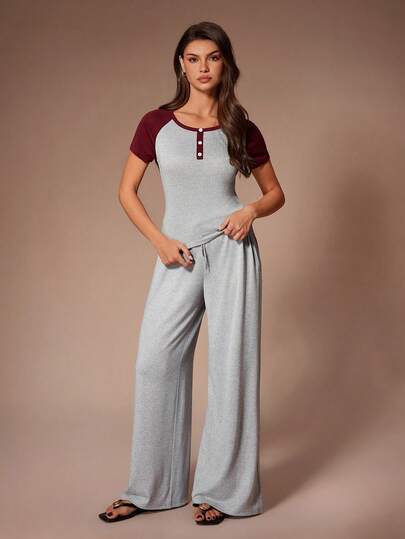 Lazeform 2pcs/Set Women Summer Loose Slimming Fashionable Fitted Short Sleeve Wide Leg Pants Casual Outfit