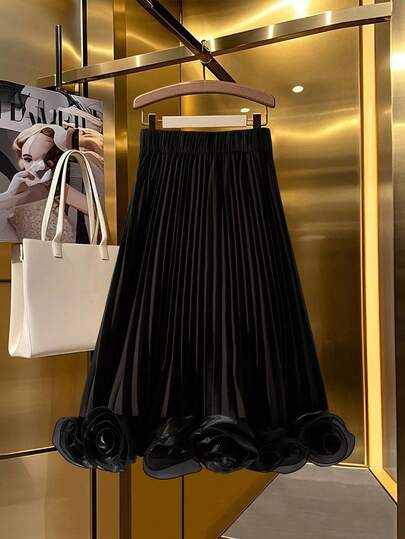 GlowEve CURVE Plus Size Women Solid Color Elastic Waist Floral Decor Elegant Pleated A-Line Skirt