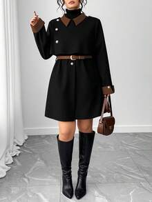 Elenzga Áo khoác len pha trộn màu sắc tay dài thường ngày cỡ lớn dành cho nữ, mùa thu/đông - màu đen - Xem 3