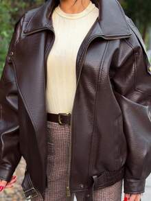 Durrani Popal Women's Retro Oversized Lychee Grain PU Leather Jacket - Brown - View 3