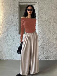 DAZY Women's Off Shoulder Solid Color Long Sleeve Curved Hem Simple Design T-Shirt - Orange - View 5