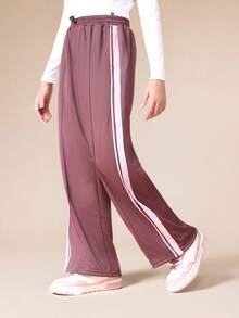 SUMWON 长袖露脐上衣阔腿运动裤套装，白色侧条纹细节，适合少女休闲度假穿着 - 中紫紅色 - 查看 4