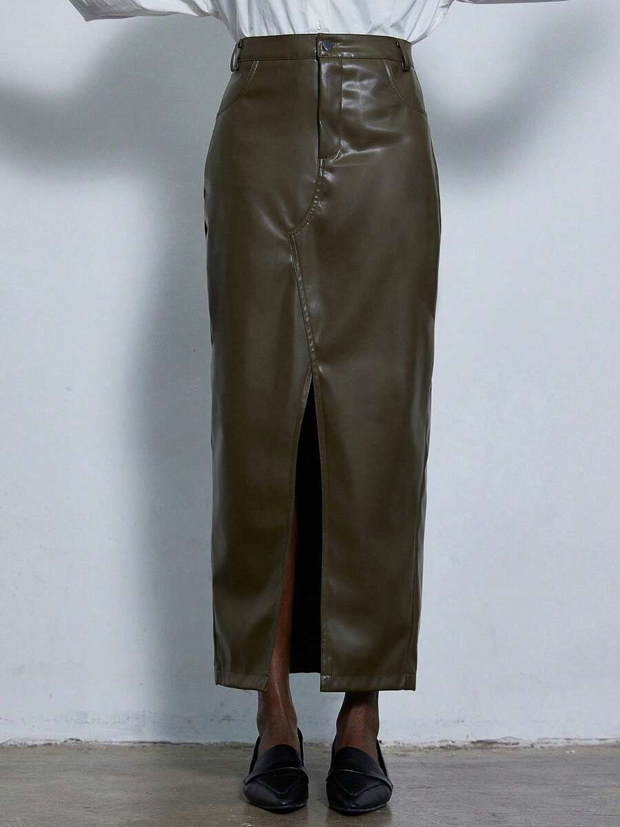 Aveloria Modichic 时尚通勤纯色分体PU裙 - 橄欖綠 - 查看 1