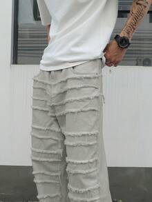 Manfinity ZONE917 Jeans casuales de pierna ancha con bolsillos y efecto desgastado, de corte holgado para hombre - Gris - Ver 4