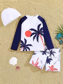 SHEIN 2件套男童休闲度假棕榈树图案泳裤套装 - 白色 - 查看 5