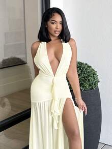 Alexandranx 性感简约纯黄色奶油色深 V 领露背紧身褶饰修身女式超长网眼连衣裙，适合派对、鸡尾酒会、正式场合、伴娘、生日、圣诞节、商务休闲、优雅女式超长连衣裙 - 淡黃色 - 查看 5