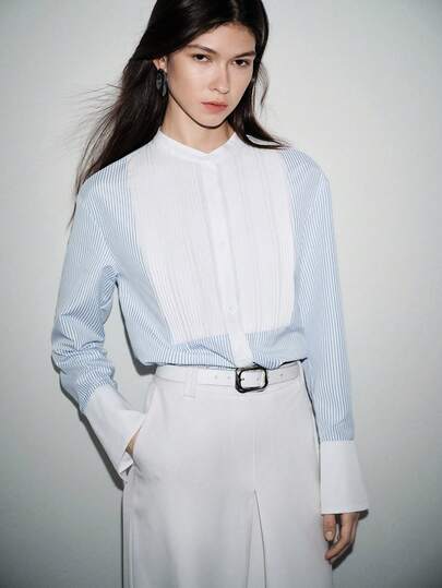 Lumivelle 女士时尚撞色条纹宽松休闲衬衫，可作内搭穿着