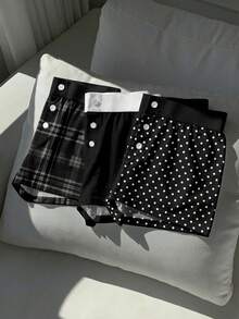 Comfortcana Bộ 3 quần short nữ kiểu vintage chấm bi, màu trơn, họa tiết kẻ caro, cạp chun điều chỉnh được, 3 nút phối màu tương phản, thích hợp cho các buổi đi chơi, phối đồ, thoải mái tối giản, sang trọng, phong cách Y2K. - Nhiều màu - Xem 4