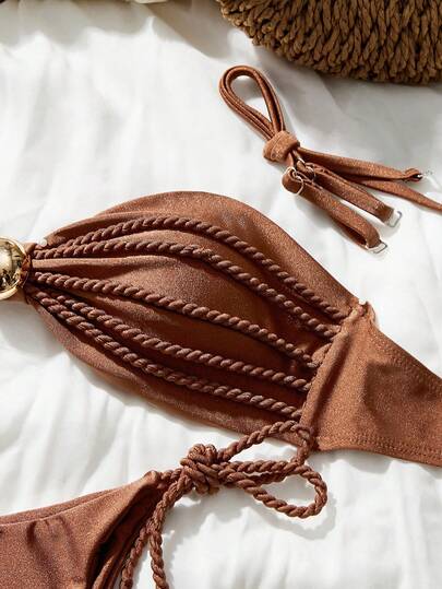 Swim Chiccia Women's Elegant Brown Rope Decor Bandeau Bikini Set, Removable Strap, Metallic Accent Swimsuit Set Fringe Bathing Suit Tie Bikini Brown Bathing Suit Women Brown Bikini Top Fringe Bikini