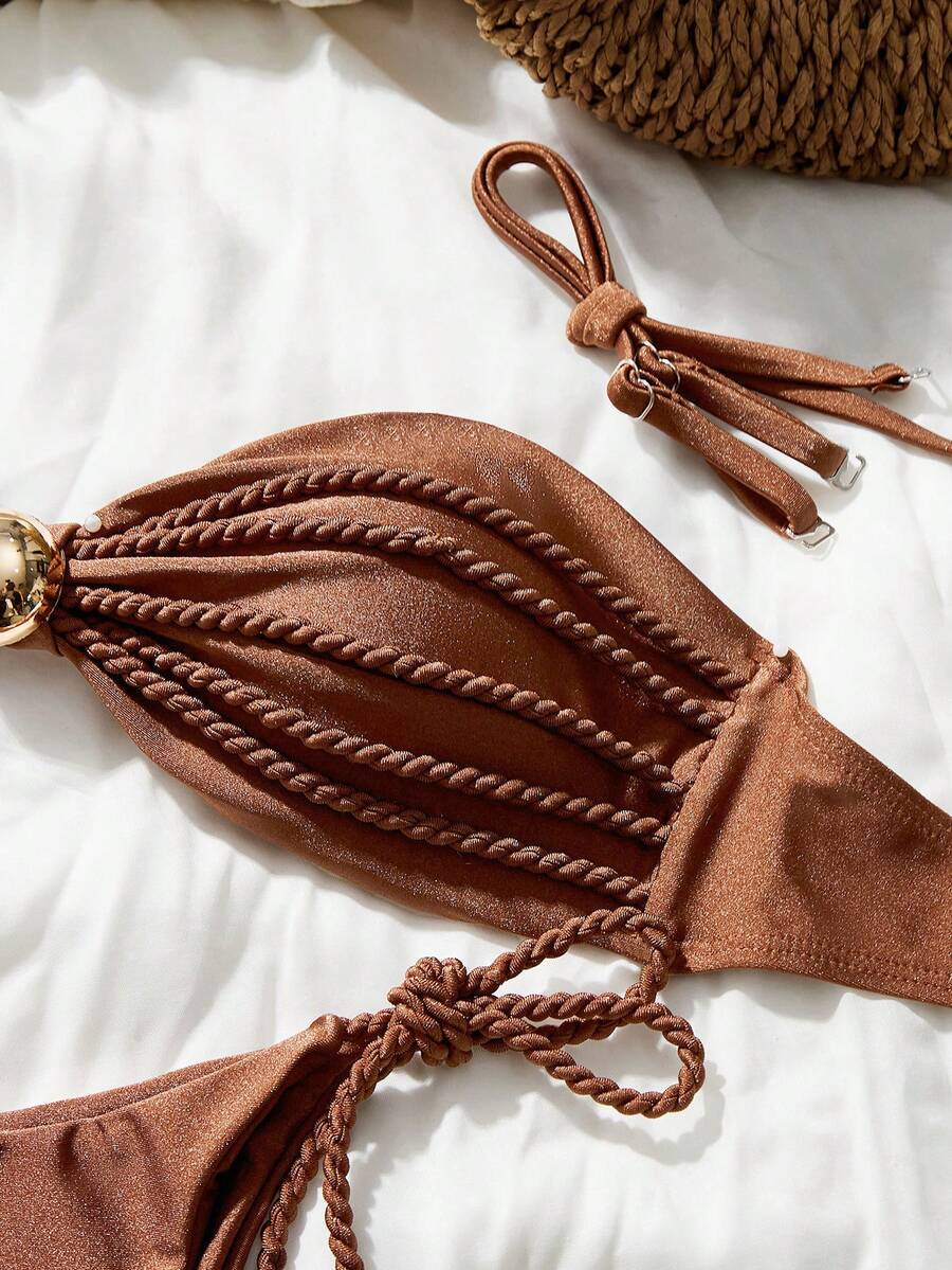 Swim Chiccia Set Bikini Bandeau Wanita Elegan Warna Cokelat Kopi dengan Dekorasi Tali, Baju Renang dengan Tali yang Dapat Dilepas dan Aksen Rumbai Metalik, Set Pakaian Renang Liburan Pantai Musim Panas - Coklat - View 1