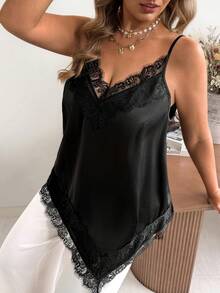 Vionelle 大尺碼女款優雅黑色夏季夜晚V領緞面絲滑細肩帶背心，不對稱蕾絲飾邊上衣休閒度假蕾絲背心 - 黑色 - 查看 5