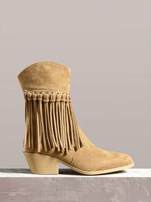 Styleloop Women Fringe Trim Zipper Side Western Boots Valentine's Day - Khaki - View 1