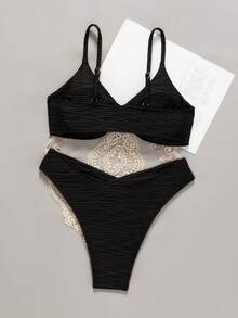 Swim Chiccia Women's Solid Color Sexy Minimalist Fashion Textured Fabric Bikini Set, Spring/Summer - Black - View 2