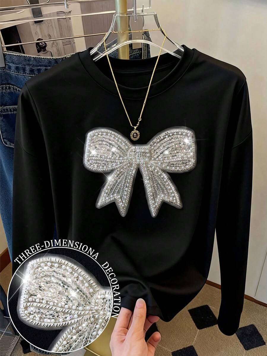 Resyla Shiny Bow Sequin Embroidery Casual Long Sleeve Round Neck T-Shirt, A Gift For Friends