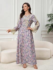 Al Najma Women's Floral Contrast Mesh Long Sleeve Elegant Arabic Dress - Multicolor - View 2