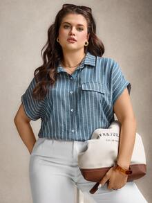 Zelara 大码女式休闲舒适格纹撞色衬衫，百搭乡村音乐会、毕业典礼、夏季早午餐、母亲节、教堂等场合均有穿着。 - 藍色 - 查看 4