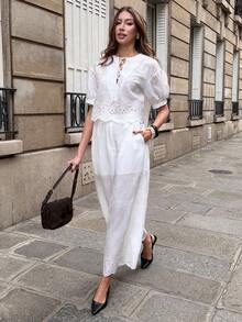 SHEIN PariChic Summer New Embroidery Ensemble – French-Inspired Lace-Up V-Neck Drop Shoulder Sleeve Blouse (Featuring Cutout Lace Hem) + Elastic-Waisted Flowy Wide-Leg Trousers | A Gentle-Chic Two Pieces For Office, Vacation & Date Nights | Breathable, Skin-Soft White Elegant Attire White Linen Pants Set White Wide Leg Pants Women White Brunch Outfit White Jumpsuit Elegant Lace Jumpsuit - White - View 3