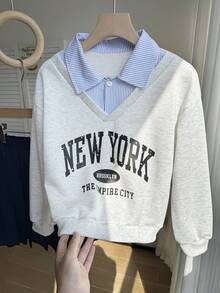 SHEIN 女童时尚宽松休闲翻领上衣 + 条纹格纹百搭A字裙，学院风