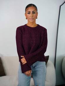 SAYEHFBABY Women's Casual Sequin Crew Neck Sweater, Autumn - Burgundy - View 4