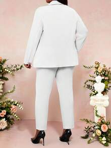 SHEIN Lady 大尺碼女款優雅絲滑白色套裝，秋季辦公商務休閒兩件套，翻領單排扣西裝外套與長褲套裝 - 白色 - 查看 2