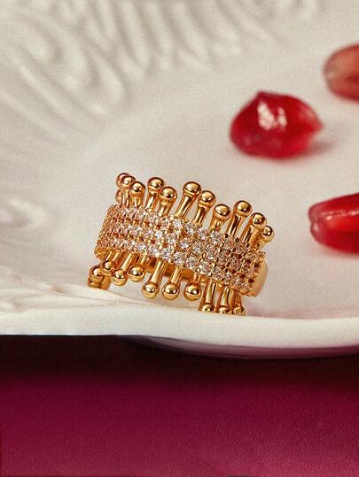 Glisma Anel Vintage Revestido a Ouro 18K com Zircônia Branca em Formato de Fogo de Artifício, Dinheiro Antigo, Roupas, Elegante, Metálico/Textura, Vintage, Elegante, Para Mãe/Mulher/Menina/Mãe, Gema, Dia dos Namorados, Presente