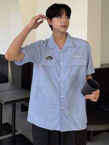 DAZY Men's Blue Striped Short Sleeve Shirt With Letter Embroidery, Summer - Blue - View 7