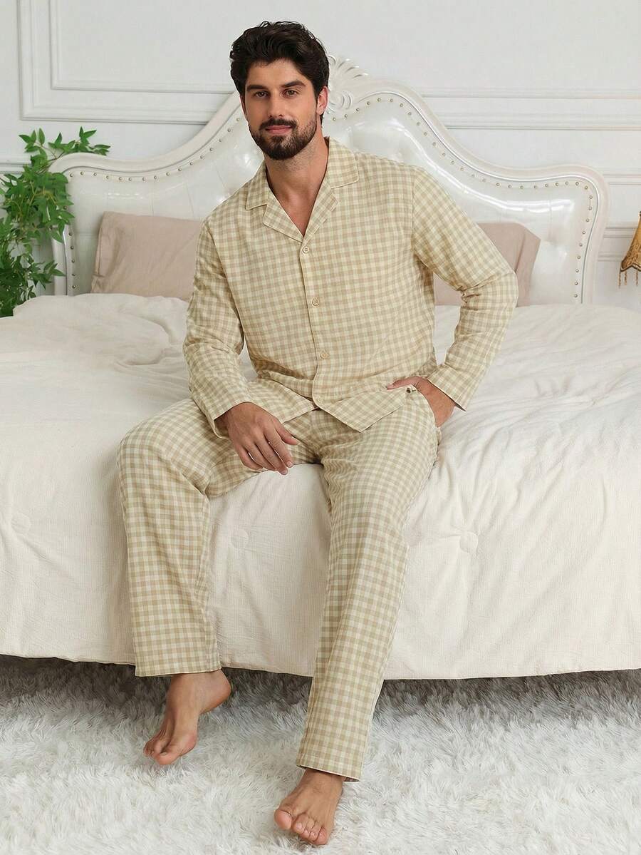 DAZY Plaid Beige Long Sleeve Shirt And Pants Pajama Set For Men, Spring/Autumn - Beige - View 1
