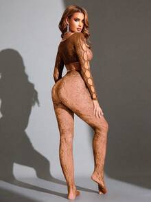 2pcs Women's Sexy Sheer Crop Top & Footless Pants Set - Khaki - View 2