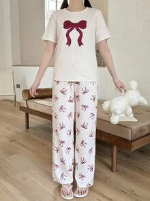 1 Set Teen Girl Bowknot Cream Top + Bowknot Pajama Pants, Stretchy Knit Fabric, Machine Washable, Comfortable Fit, Family Matching Outfits (1 Set Sold Separately),Kids - Multicolor - View 5