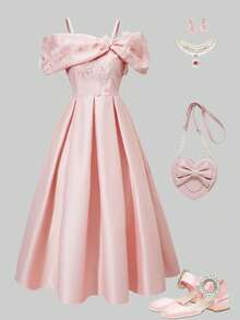 Tween Girls' Light Pink Summer Elegant Wedding Satin Bow Off-Shoulder Embroidered Applique Spaghetti Strap Pleated Midi Dress For Birthday Party - Pink - View 6