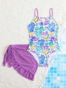 少女爱心印花泳衣套装，含网纱裙，两件套，时尚休闲 - 彩色 - 查看 5