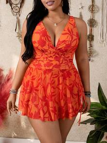Swim Lushoire Plus Size Women Printed Side Mesh Drawstring Casual Swimsuit Skirt - Orange - View 1