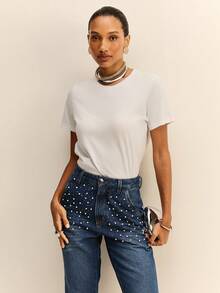 Daynim Jeans con bolsillos en diagonal con cuentas de perlas falsas - Azul lavado medio - Ver 7