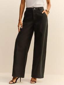 Daynim Quần jeans ống đứng dáng suông, túi xéo, màu trơn, kiểu dáng thường ngày. - màu đen - Xem 1