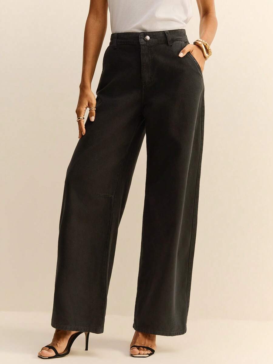 Daynim Quần jeans ống đứng dáng suông, túi xéo, màu trơn, kiểu dáng thường ngày. - màu đen - Xem 1