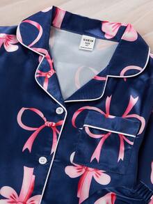 2pcs Girls Young Bow Print Long Sleeve Cardigan And Pants Homewear Set, Spring/Autumn - Royal Blue - View 7