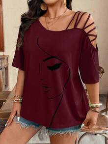 Breezaya Große Größen T-Shirt mit asymmetrischen Trägern und Porträtdruck, Kurzarm - Bordeaux - Übersicht 3