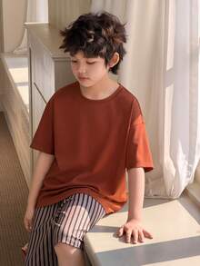 DAZY Tween Boy Comfortable Solid Color Drop Shoulder Short Sleeve T-Shirt And Striped Shorts Pajama Set, Summer Spring - Orange - View 2