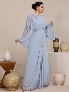 Graceveil Women's Elegant Modest Dusty Blue Dress,Autumn Dining Commute V-Neck Asymmetric Draped Pleated Flare Sleeve Textured Lightweight Loose Sheer Outfit - Gray Blue - View 1