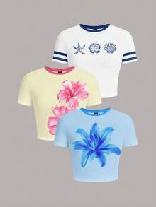 Attitoon 3件套女士紧身撞色T恤，黄色、粉色和蓝色背景上印有热带花卉、贝壳和百合花图案，适合夏季穿着 - 彩色 - 查看 3