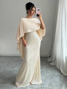Selianne Váy Maxi dài chấm bi đuôi cá đính sequin thanh lịch và lãng mạn dành cho nữ dự tiệc ngày lễ - Màu be - Xem 6