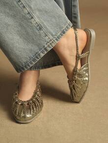 Rosivie Giày sandal đế bằng nữ, quai đan màu vàng, mũi kín. - Màu vàng nhạt - Xem 5