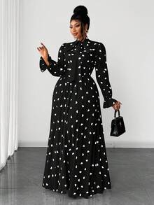 Maweii 大码波点印花荷叶边情人节休闲连衣裙 - 黑色 - 查看 7
