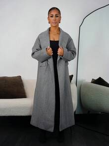 SAYEHFBABY 女士纯色翻领长袖休闲长外套，秋冬 - 灰色 - 查看 1