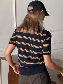 Livesso Women's Striped Collar Short Sleeve Casual Knit Top - Navy Blue - View 7
